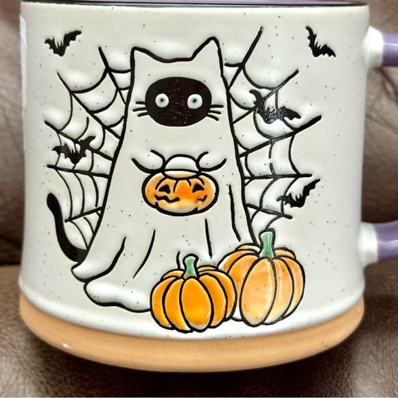 Black Cat Ghost with Pumpkins, Spider Web & Bats Ceramic Halloween Mug - Picture 2 of 6